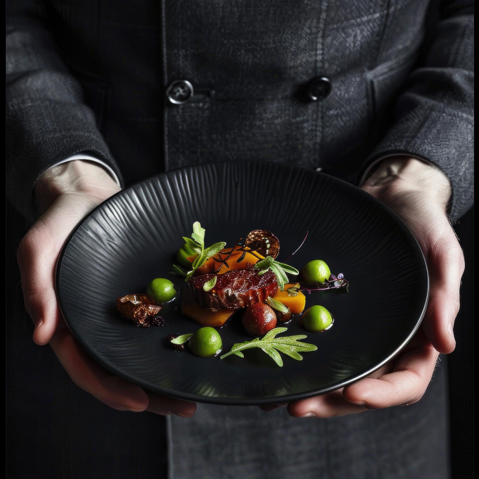 Chef plating a refined dish on dark table